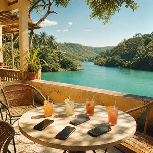 We Came All This Way album cover: drinks and phones on a terrace table overlooking turquoise water and green hills